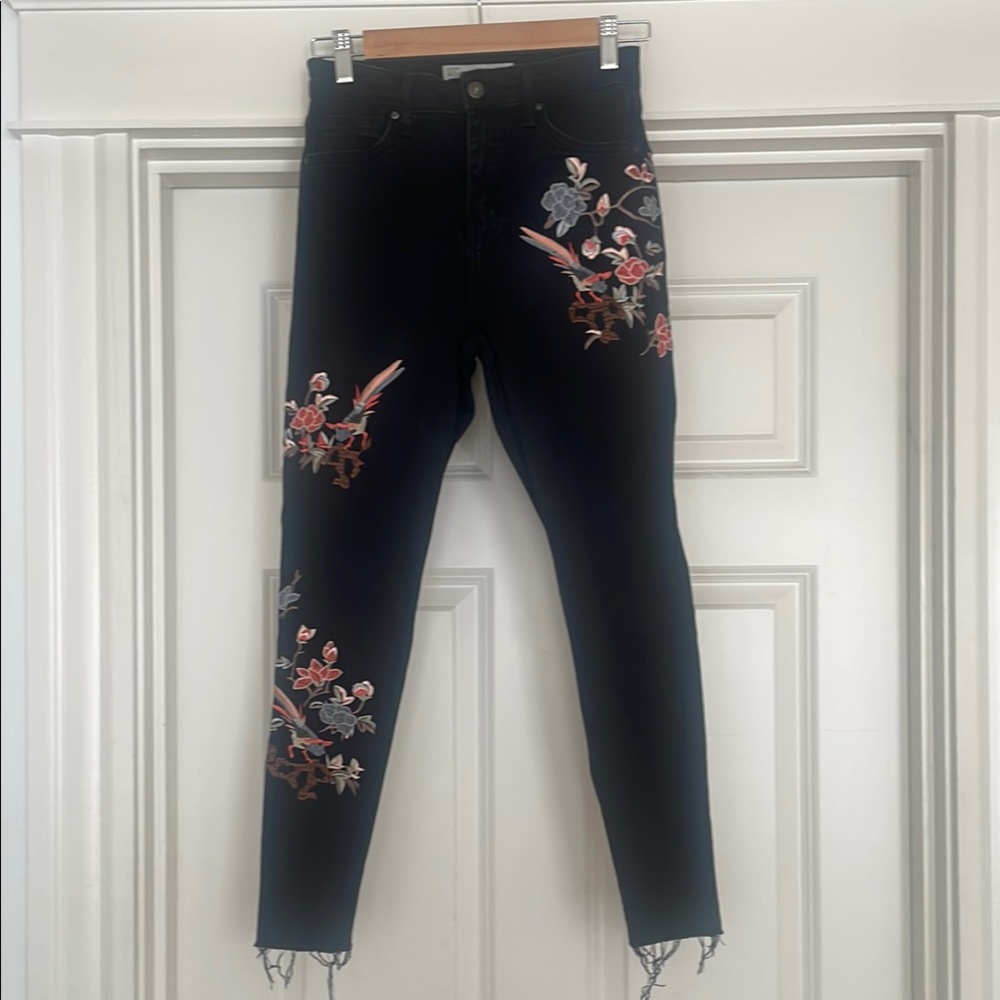 Topshop Black Ankle Jeans with Pink Floral Embroidery